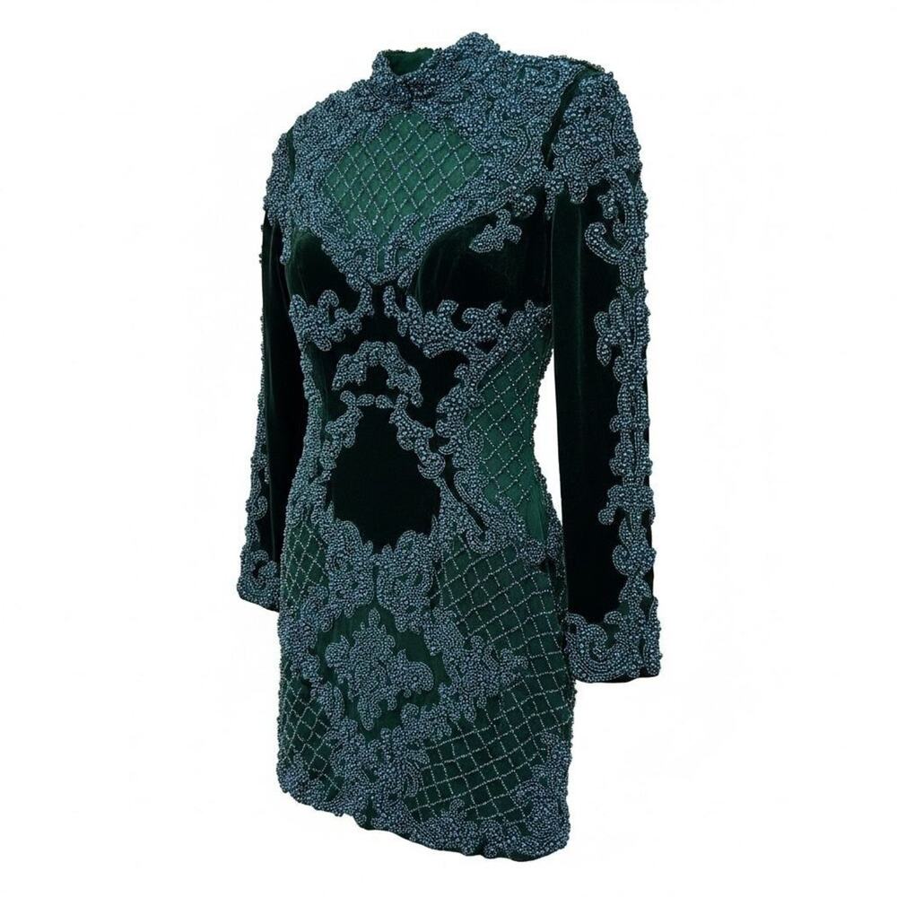 VINTAGE HEAVILY BEADED MESH VELVET MINI DRESS SZ S/M